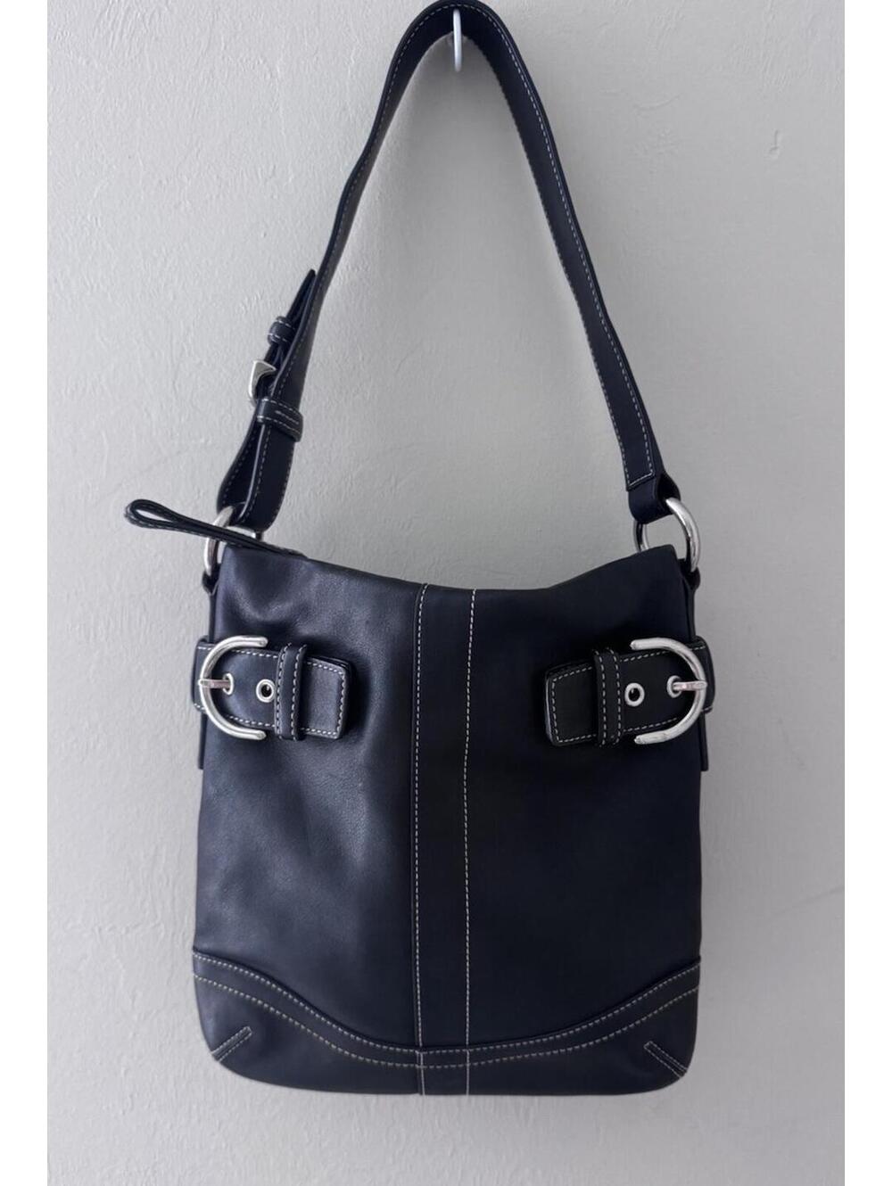 COACH 1453 Soho Slim Duffle Smooth Black Leather Buckle Small Shoulder Bag Purse